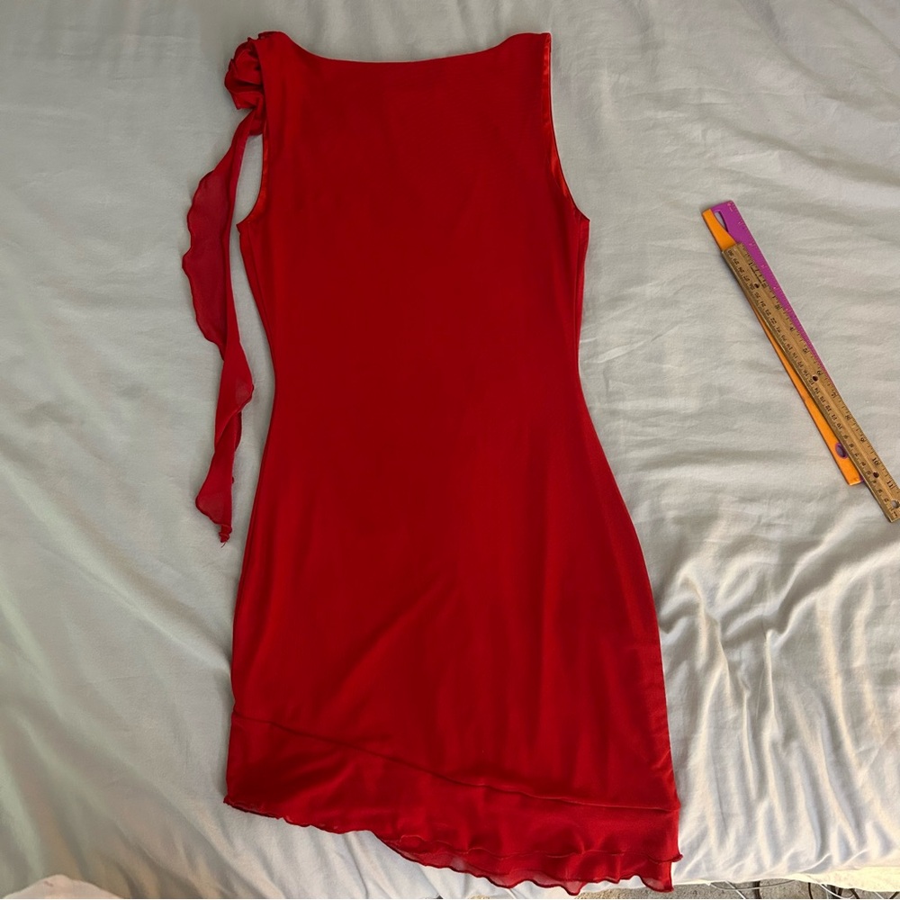 Princess Polly 4 Lorello Mini Red Dress, One Shoulder Rosette Ruffle Trim - Picture 10 of 12